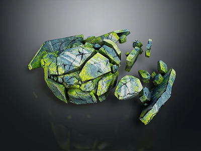 Wood Stone Broken Sphere With Cracked Surface Green Gray Texture And Scattered Fragments 3d model