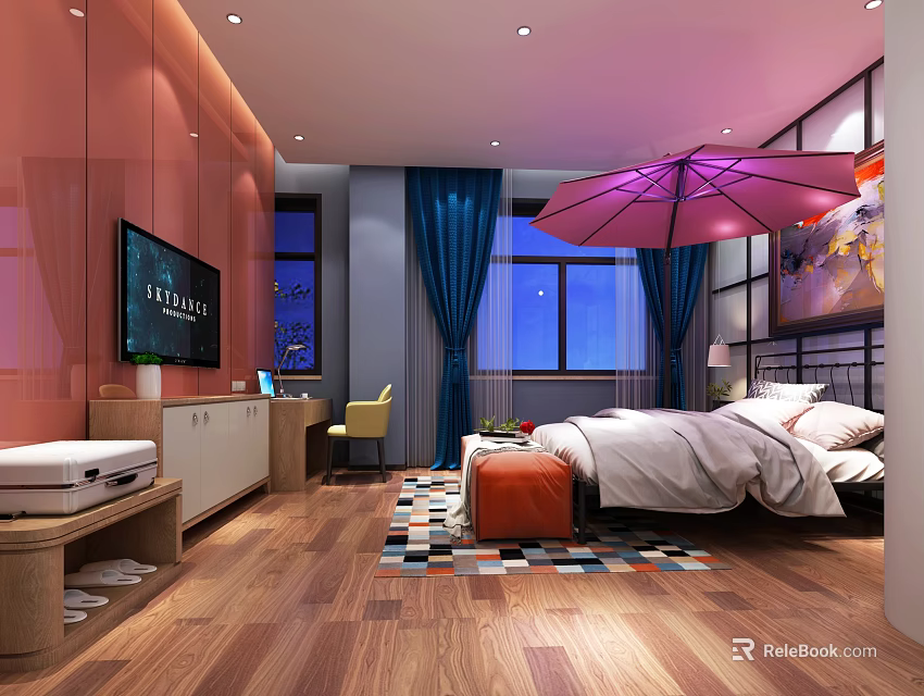 Modern Hotel Guest Room With King Bed Flat Screen TV Blue Curtains And Area Rug 3d model 