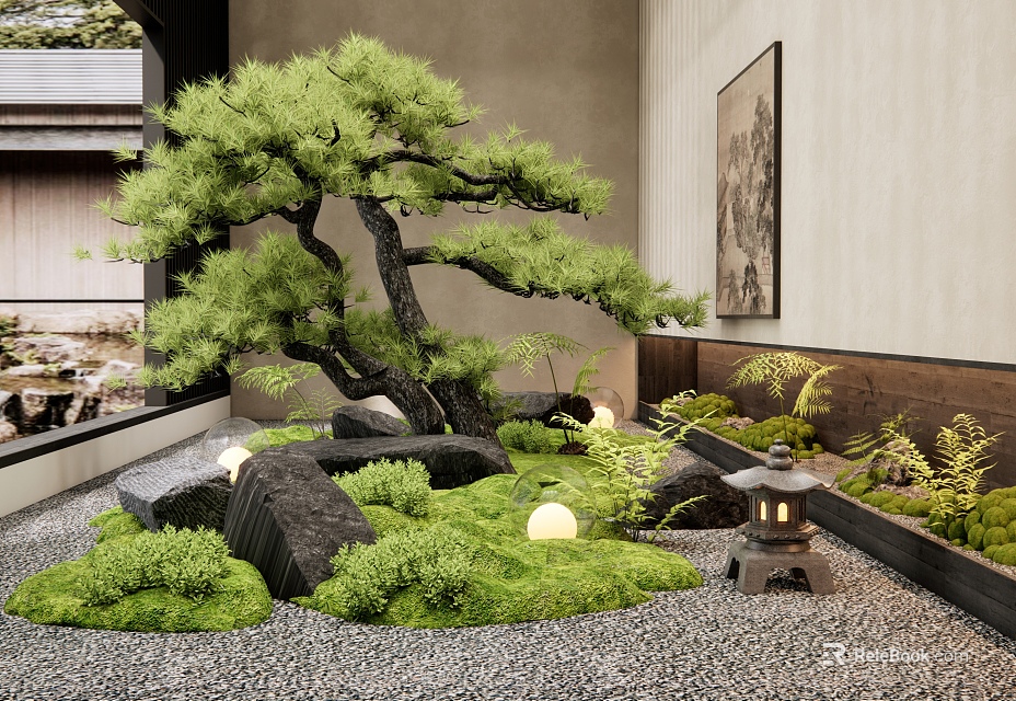 Japanese Style Indoor Landscape With Pine Tree Moss Rocks And Stone Lantern 3d model 