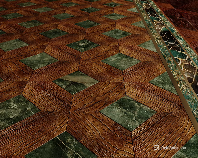 Wooden And Green Marble Patterned Floor With Geometric Design And Decorative Border 3d model 