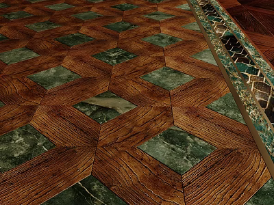 Wooden And Green Marble Patterned Floor With Geometric Design And Decorative Border 3d model