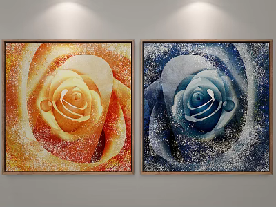 Two Colorful Rose Paintings Orange And Blue With Golden Frames Hanging On Gray Wall 3d model