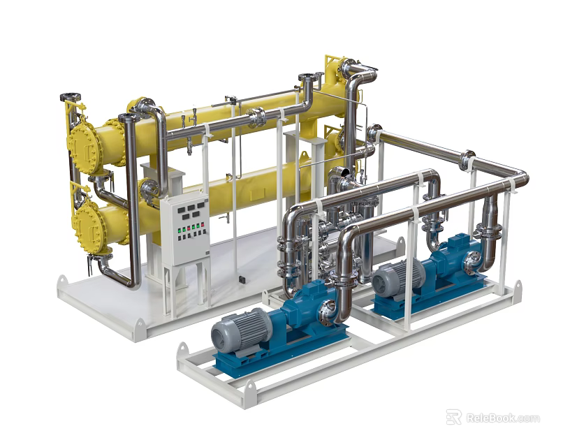 Advanced Industrial Equipment Featuring Yellow Pipes Blue Pumps Control Panel And Metal Frames 3d model 