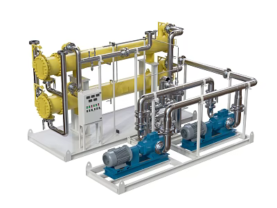 Advanced Industrial Equipment Featuring Yellow Pipes Blue Pumps Control Panel And Metal Frames 3d model