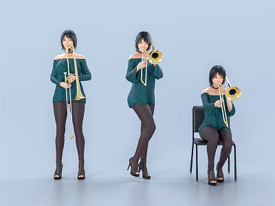 Women in Green Off Shoulder Tops Black Leggings High Heels Playing Trumpets Standing and Sitting 3d model