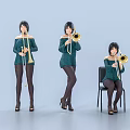 Women in Green Off Shoulder Tops Black Leggings High Heels Playing Trumpets Standing and Sitting