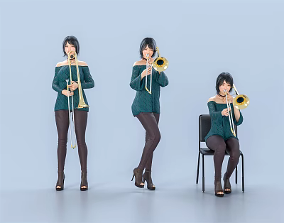 Women in Green Off Shoulder Tops Black Leggings High Heels Playing Trumpets Standing and Sitting 3d model