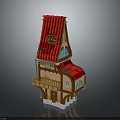 Cartoon Style Small Building With Red Roof Wooden Balcony And Arched Windows