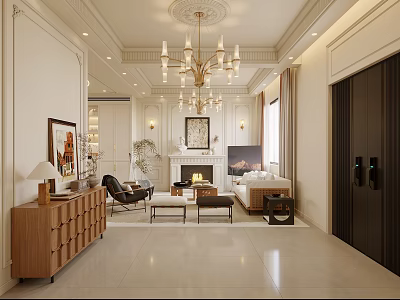 Elegant Light French Living And Dining Room Interior Design With Luxury Chandelier And Cozy Fireplace 3d model