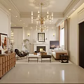 Elegant Light French Living And Dining Room Interior Design With Luxury Chandelier And Cozy Fireplace