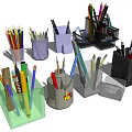 Various Pen Holders With Colorful Pens And Desk Organizers In Different Designs