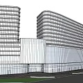 Modern Multi Story Office Building With Glass Facade and Green Space Connection