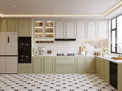 Modern Kitchen Interior With Light Green White Cabinets Tiled Backsplash Black White Patterned Floor 3d model