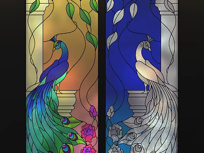 Stained Glass Window Design With Colorful Peacocks Flowers And Leaves In Blue Orange Tones 3d model