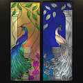 Stained Glass Window Design With Colorful Peacocks Flowers And Leaves In Blue Orange Tones