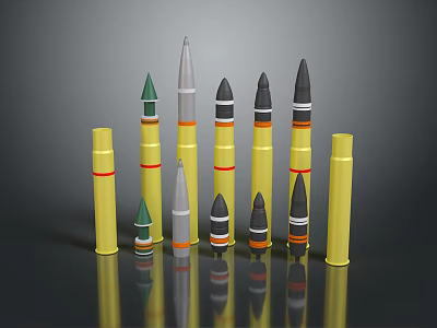 Display Shelves with Bullets of Various Sizes and Colors Yellow Green Gray Black 3d model