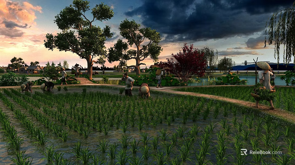 Rural Scenery With Rice Field People Farming Trees Water And Sunset Sky With Dark Clouds 3d model 