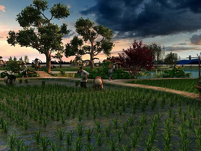 Rural Scenery With Rice Field People Farming Trees Water And Sunset Sky With Dark Clouds 3d model