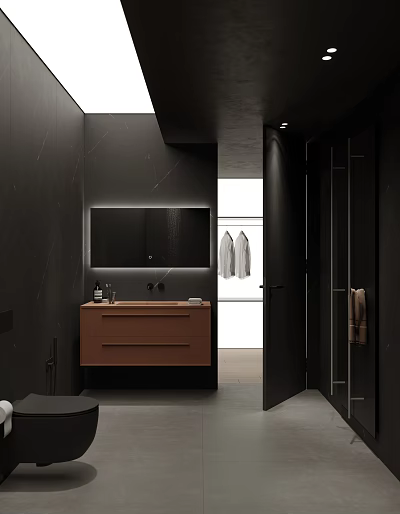 Modern Bathroom Interior With Dark Marble Walls Backlit Mirror And Brown Vanity 3d model