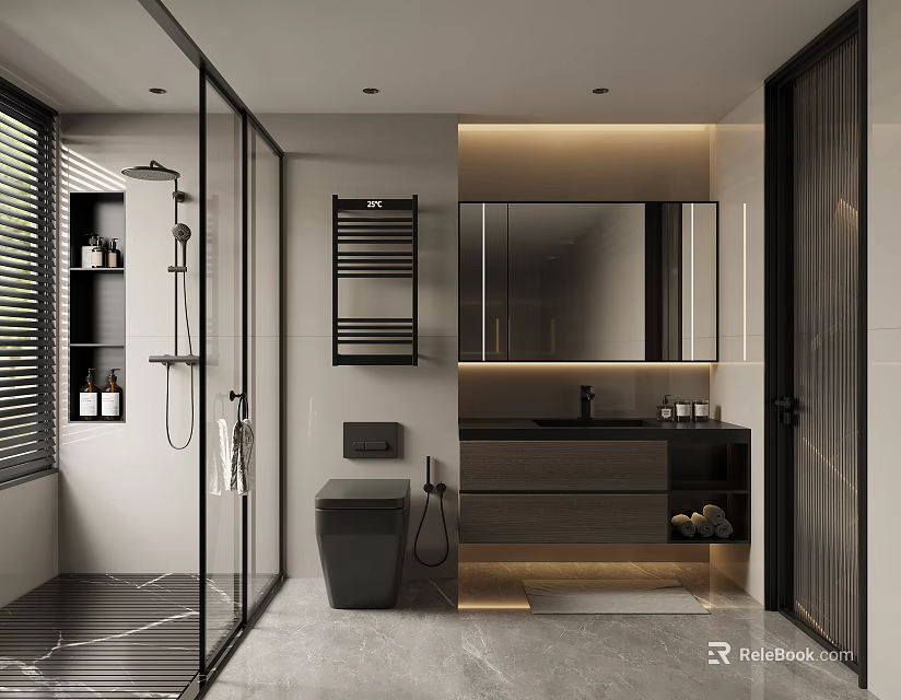 Modern Bathroom Interior Design With Glass Shower Black Toilet Marble Vanity And Mirror Lighting 3d model 