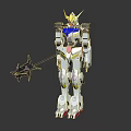 Detailed Mechanical Robot Figure With Yellow Blue White Armor Holding Spear Weapon Standing Pose