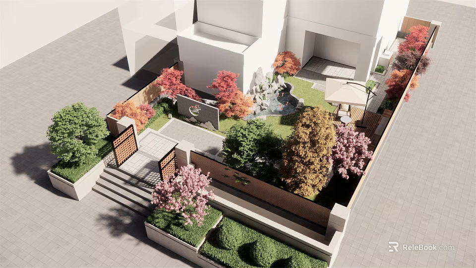 Garden Landscape Design With Colorful Trees Rock Formations Water Feature And Greenery 3d model 