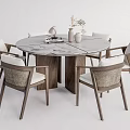 Elegant Round Dining Table Set With Marble Top Dark Wood Legs And Six Woven Chairs