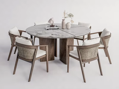 Elegant Round Dining Table Set With Marble Top Dark Wood Legs And Six Woven Chairs 3d model