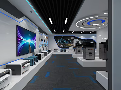 Modern Exhibition Hall With Printer Displays And Electronic Devices Showcase 3d model