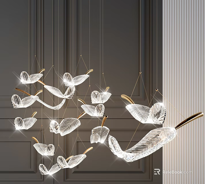 Modern Crystal Chandelier With Butterfly Shaped Hanging Crystals And Golden Accents 3d model 
