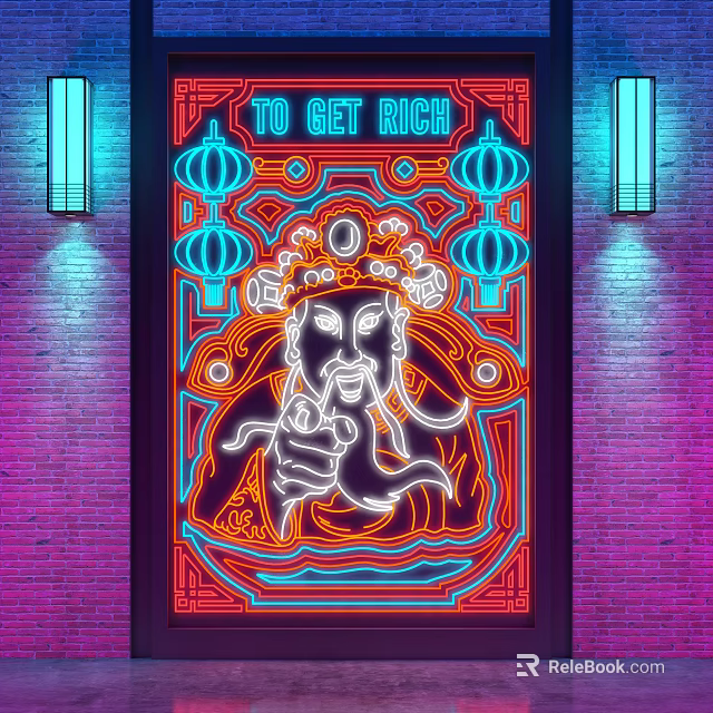 Traditional Chinese Decorative Neon Lights With Lantern Patterns On Brick Wall Background 3d model 