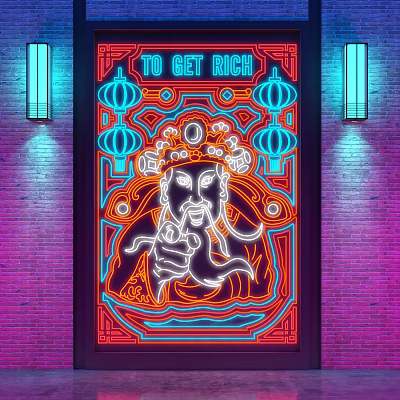Traditional Chinese Decorative Neon Lights With Lantern Patterns On Brick Wall Background 3d model