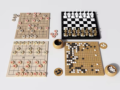 Varied Board Game Entertainment Showcasing Chinese Chess International Chess Go Boards and Pieces Setup 3d model