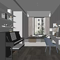 Modern Tatami Bedroom Interior With Piano Desk Chair Window Curtains And Shelves