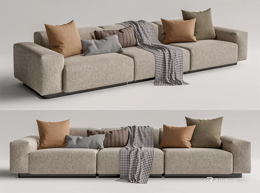 Light Gray Multi Person Sofa With Colorful Cushions And Checkered Throw Blanket 3d model