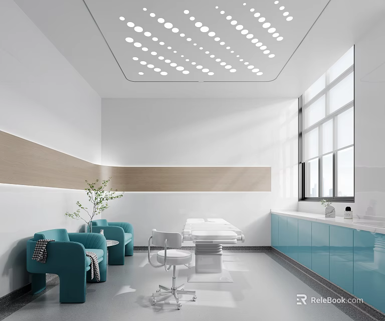 Modern Hospital Outpatient Clinic Interior With Blue Chairs And Examination Table 3d model 