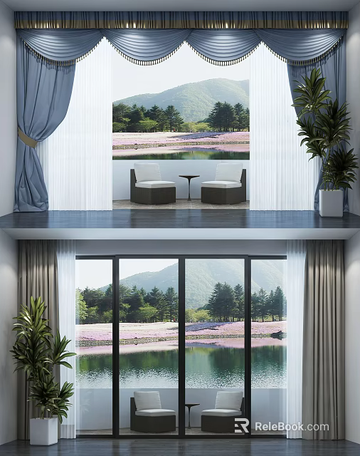 Blue Curtains And White Sheer Panels For Scenic Window View In Home Decor 3d model 
