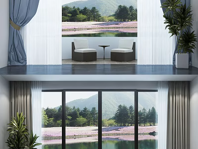 Blue Curtains And White Sheer Panels For Scenic Window View In Home Decor 3d model