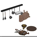 Black Hanging Rail With Cooking Utensils Wooden Knife Block Chopping Boards Olive Bowl And Nuts On
