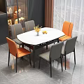Modern Dining Set White Oval Table Six Gray Orange Chairs Black Legs Vase Flowers Fruits