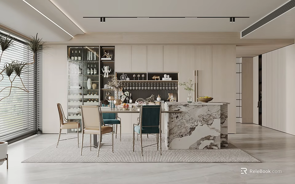 Elegant Modern Open Restaurant Interior With Marble Island Dining Table And Wine Cabinet 3d model 