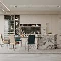 Elegant Modern Open Restaurant Interior With Marble Island Dining Table And Wine Cabinet