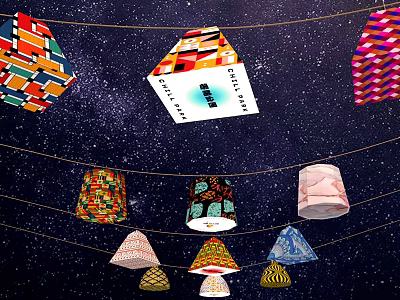 Colorful Geometric Lantern Art Installation Suspended On Strings Against Starry Sky Background 3d model