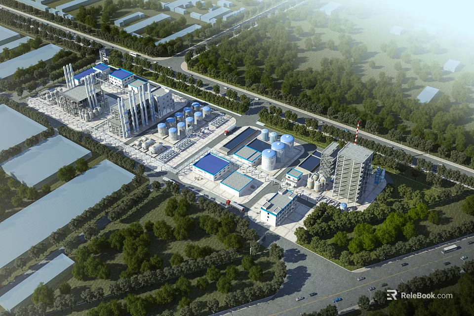 Modern Industrial Plant Facility With Multiple Buildings Storage Tanks And Green Surroundings 3d model 