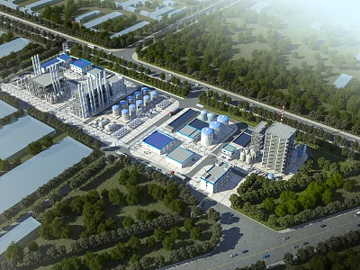 Modern Industrial Plant Facility With Multiple Buildings Storage Tanks And Green Surroundings 3d model