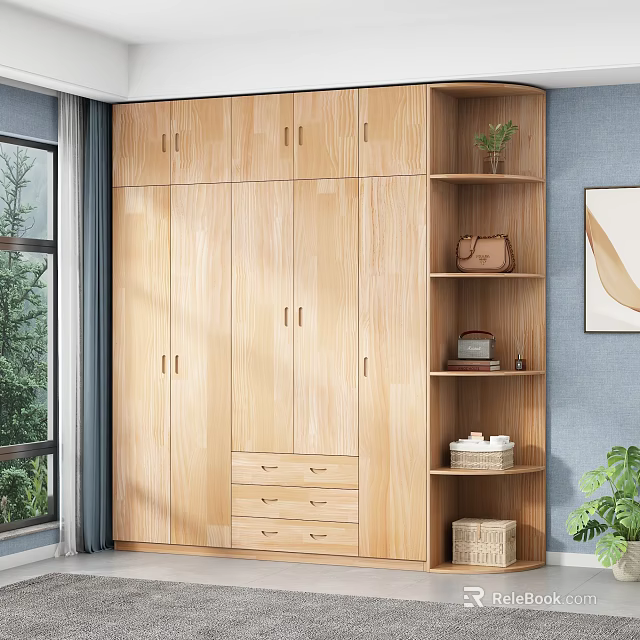 Modern Wooden Wardrobe With Multiple Doors Drawers Open Shelves Holding Plants Bag Books And Basket 3d model 