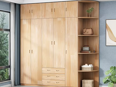Modern Wooden Wardrobe With Multiple Doors Drawers Open Shelves Holding Plants Bag Books And Basket 3d model