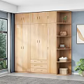 Modern Wooden Wardrobe With Multiple Doors Drawers Open Shelves Holding Plants Bag Books And Basket