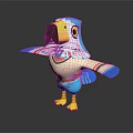 Colorful Cartoon Parrot Character With Blue Yellow White Feathers And Black Beak