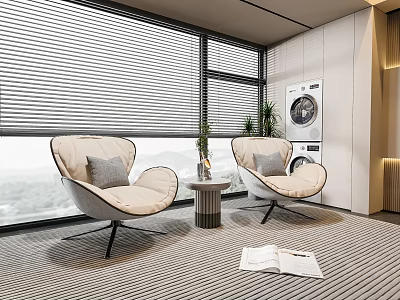 Two Modern Beige Lounge Chairs With Side Table Plants Open Book And Window View 3d model